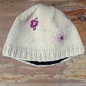 Ambler Wool Knit Winter Beanie Hat Toque with Flowers One Size